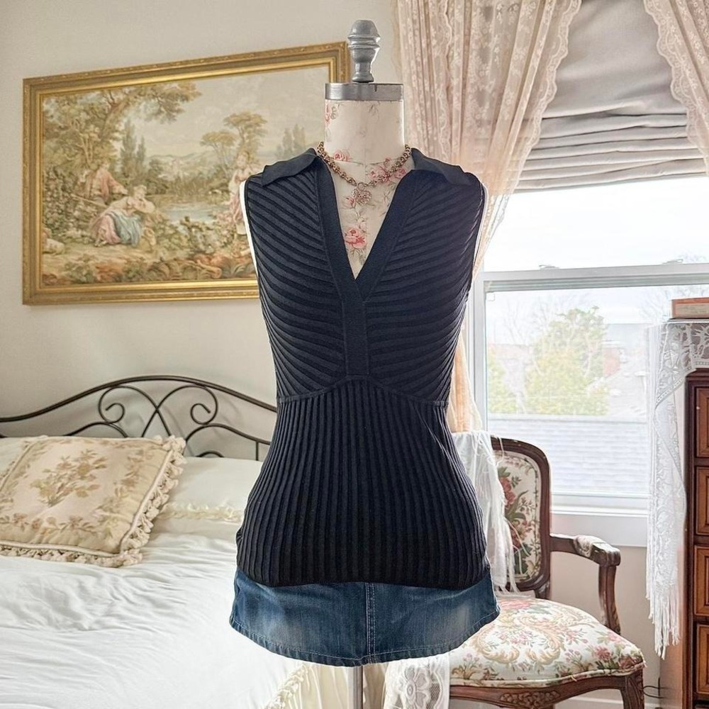 black ribbed tank top  y2k inc black ribbed v neck‎ top silk blend size small